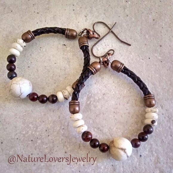 Rustic SouthWestern Flair! Leather + Jasper + Natural Howlite Hoop Earrings - Picture 5 of 7